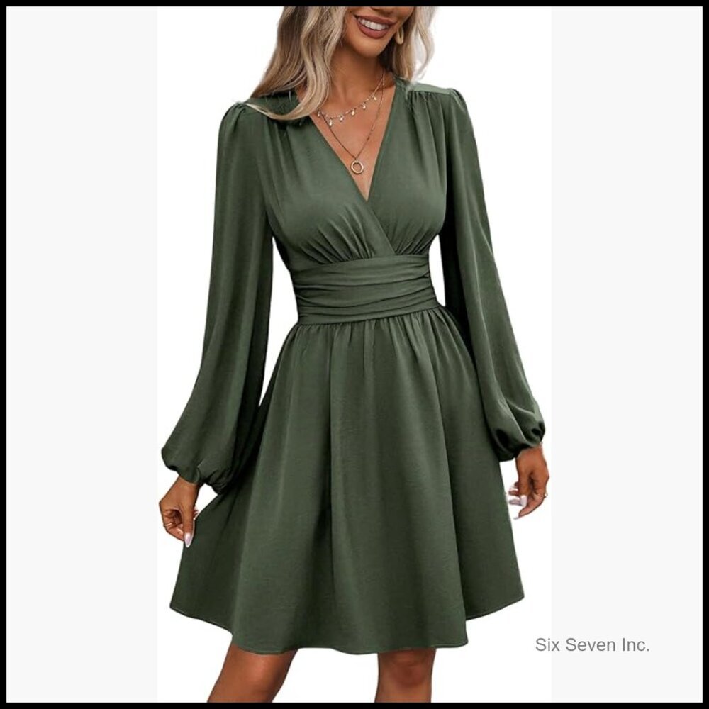 V-Neck Long Sleeve High Waist Swing Cocktail Dress